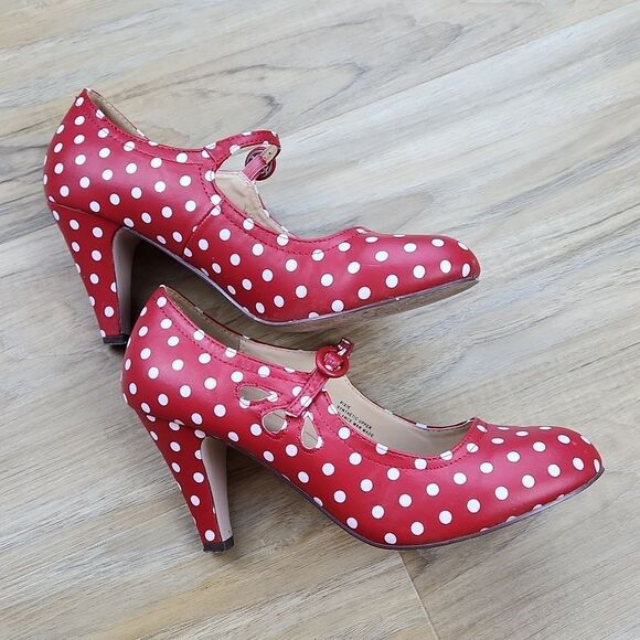 ⛱️J. Adams Red & White Polka Dot Retro Mary Jane Heels Size 8 - Picture 11 of 16